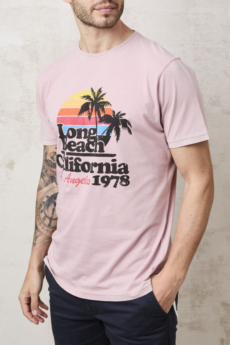pvnk 1413 Men's Pink Long Beach Graphic T-Shirt - Trendy & Comfortable Tee