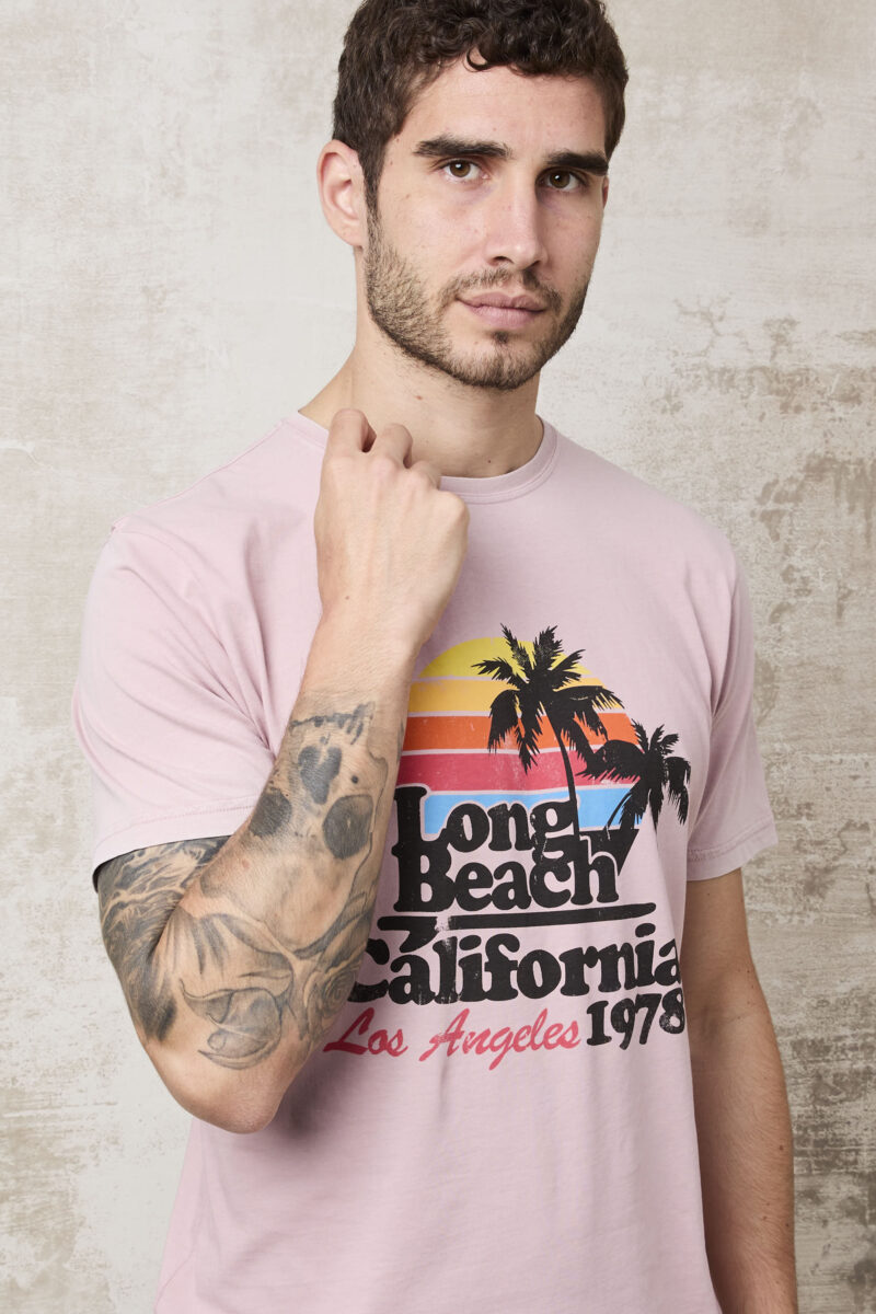 pvnk 1413 Men's Pink Long Beach Graphic T-Shirt - Trendy & Comfortable Tee - Image 3